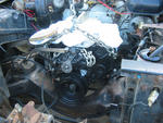 Chevy 350, with a 400 crank= 383 ci. Edelbrock Performer RPM intake & an Edelbrock 1406 carb. Cheap ass shortie headers, it 