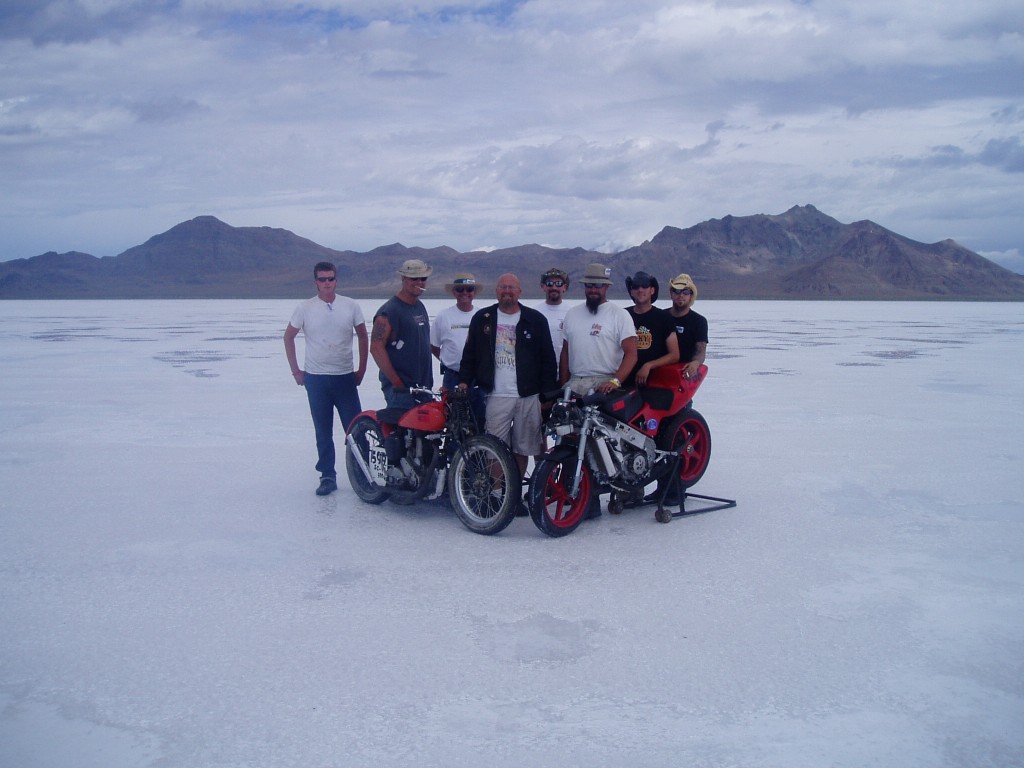 Group photo. L to R: Brian, Jake, John, Matt, Mojo, Jet, Mikey, Ryan. Bikes: 599 left (1948 BSA 500cc), 966 right (1999 Honda 25