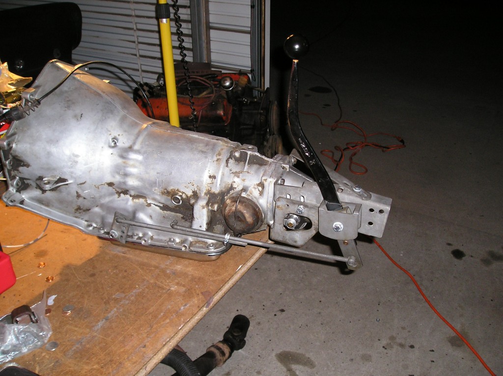 3 speed manual shifter adapted to work on an automatic. Molly will get to practice her welding on the linkage extension.