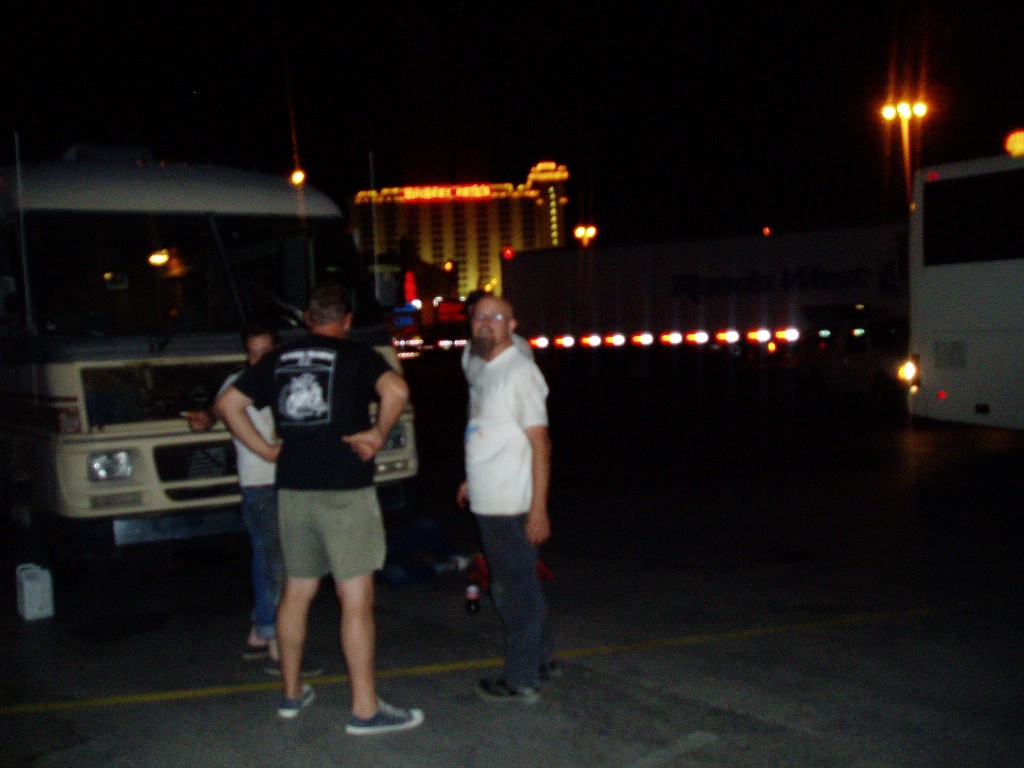 Changing the oil and coolant at Stateline, NV. We broke in the newly rebuilt motorhome engine on the drive from CA. Putting a ne