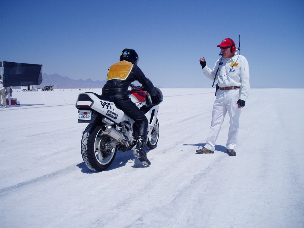 Mikey at the line. His rookie Bonneville run. The previous vehicle dropped parts on the course and Mikey sat there ready to go i
