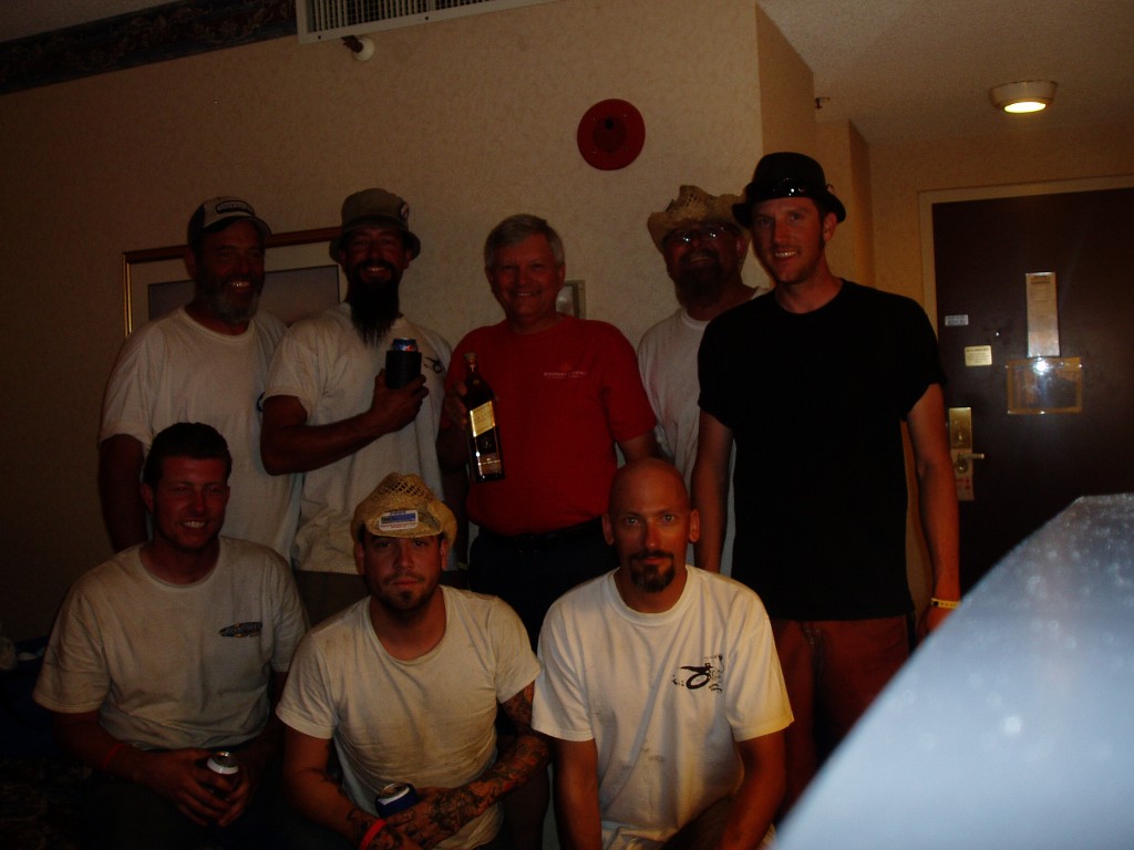 Trashing John's hotel room at the Nugget. The bottle of Johnnie Walker Gold was our thanks for all his efforts. He drove to Salt