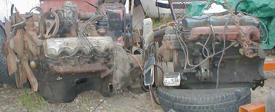 Original polyspherical motor with hole in oil pan to the left;
Replacement 440 wedge motor to the right.
